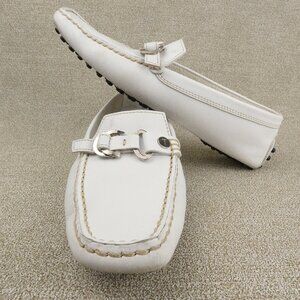 Tod's Womens Shoes 37 (US 7) White Leather Driving Loafer Square Toe Logo